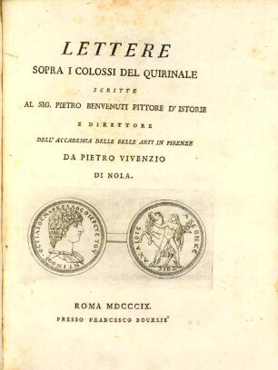 Lettere sopra i colossi del Quirinale scritte al sig. Pietro Benvenuti