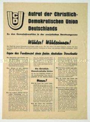 Aufruf des Landesverbandes Sachsen der CDU Deutschlands zu den Gemeindewahlen 1946 mit einer Darstellung der Ziele und Forderungen der Partei