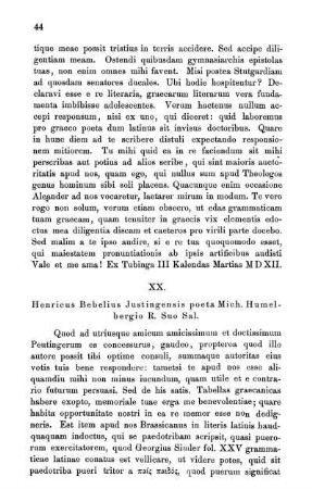 XX. Henricus Bebelius Justingensis poeta Mich. Humelbergio R. Suo Sal.