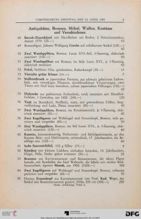 Antiquitäten, Bronzen, Möbel, Waffen, Kostüme und Verschiedenes (Nr. 68-216)