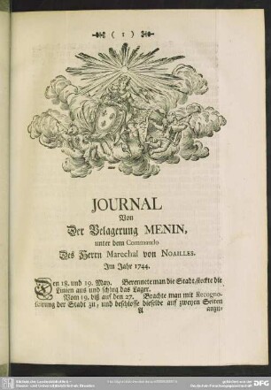 Journal Von Der Belagerung Menin, unter dem Commando Des Herrn Marechal von Noailles. Im Jahr 1744