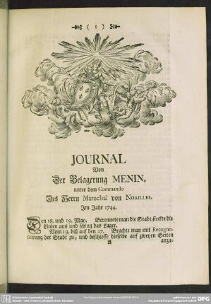 Journal Von Der Belagerung Menin, unter dem Commando Des Herrn Marechal von Noailles. Im Jahr 1744