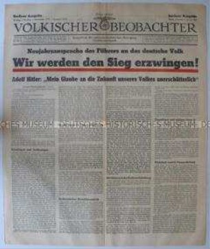 Titelblatt der Tageszeitung "Völkischer Beobachter" u.a. zur Neujahrsansprache Hitlers