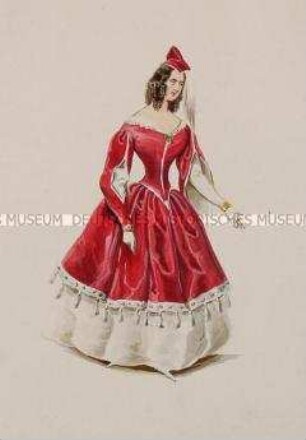 Frau im roten Kleid mit geschlitzten Ärmeln und weißem Unterrock- Tafel aus Franceschini/Kostümbilder (Kassette 2)