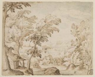 Landschaft mit Hütten und einer Stadt in der Ferne