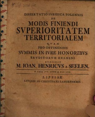 Dissertatio Ivridica Solennis De Modis Finiendi Svuperioritatem Territorialem