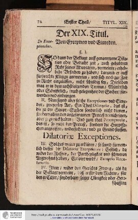 Der XIX. Titul. Von Exception und Einreden