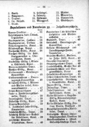 Deputationen und Kuratorien pp. - Inhaltsverzeichnis