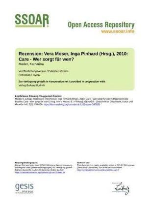 Rezension: Vera Moser, Inga Pinhard (Hrsg.), 2010: Care - Wer sorgt für wen?