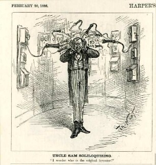 Uncle Sam soliloquizing. "I wonder who is the original inventor!" : Uncle Sam werden aus Telefonhörern die Namen von angeblichen Erfindern des Telefons zugerufen