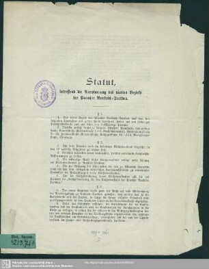 Statut, betreffend die Auspfarrung des vierten Bezirks der Parochie Neustadt-Dresden