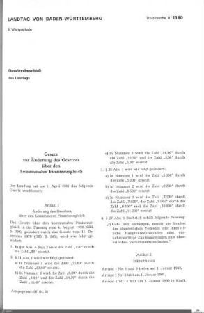 Änderungen des Gesetzes zum kommunalen Finanzausgleich