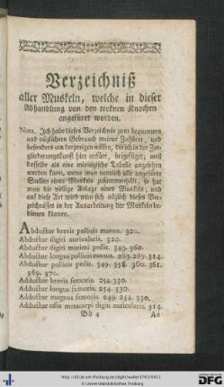 Verzeichniß aller Muskeln, welche in dieser Abhandlung von den troknen Knochen angefüret worden.