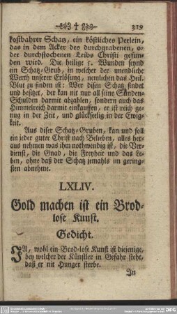 LXLIV. Gold machen ist ein Brodlose Kunst. Gedicht