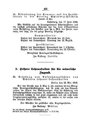 Erhebung von Aufnahmegebühren von Schülern höherer Lehranstalten : [D. Höhere Lehranstalten für die männliche Jugend]