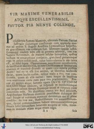 Vir Maxime Venerabilis Atque Excellentissime, Fautor Pia Mente Colende.