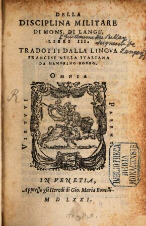 Della Disciplina Militare de Mons. Di Langè libri tres