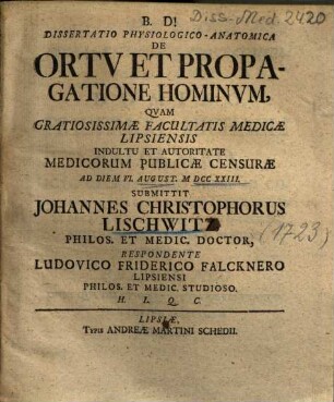 Dissertatio Physiologico-Anatomica De Ortv Et Propagatione Hominvm
