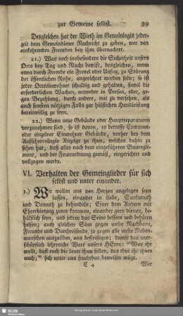VI. Verhalten der Gemeinglieder für sich selbst und unter einander