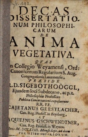 Decas dissertationum philosophicarum de anima vegetativa