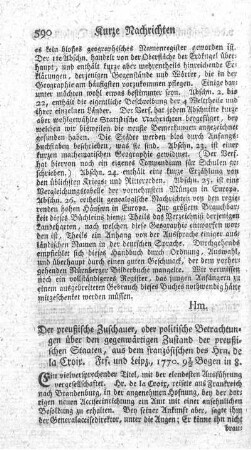 Der preußische Zuschauer, oder politische Betrachtungen über den gegenwärtigen Zustand der preußischen Staaten.