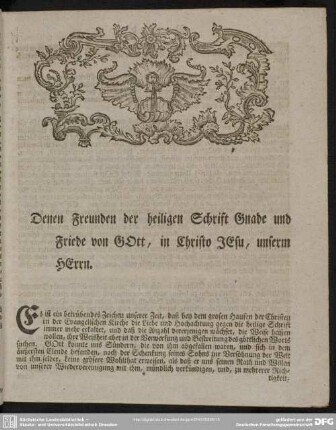 Denen Freunden der heiligen Schrift Gnade und Friede von GOtt, in Christo JEsu, unserm HErrn