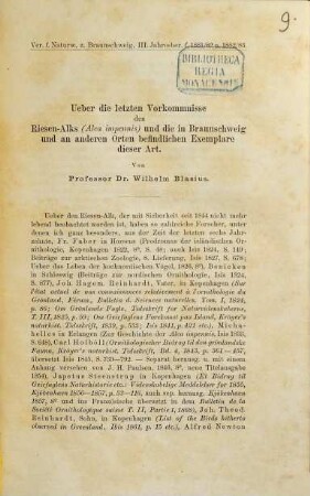 Ueber die letzten Vorkommnisse des Riesen-Alks (Alca impennis) und die in Braunschweig und an anderen Orten befindlichen Exemplare dieser Art