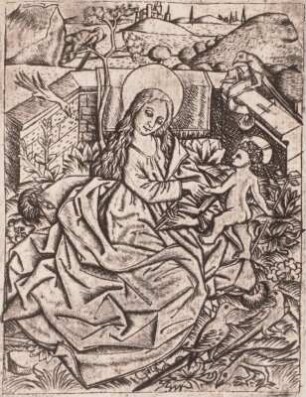 Maria mit Kind im Garten, Hintergrund Landschaft mit Stadt