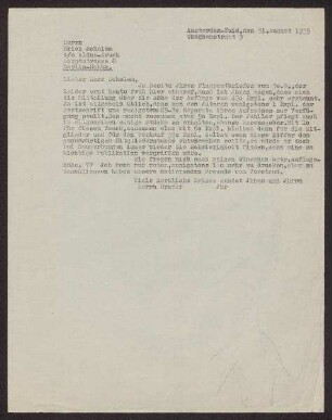 Brief von Herrmann Meyer (1901-1972) an Erich Scholem betreffend die Festschrift für Aron Freimann (1871-1948)