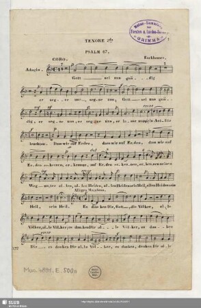 Der 67ste Psalm : für vier Männerstimmen; mit willkürlicher Begleitung von Blasinstrumenten oder der Orgel; 74tes Werk