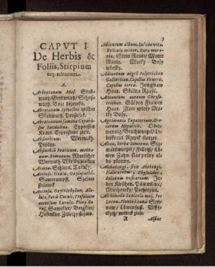 Caput I. De Herbis & Foliis, Stirpium atq[ue] arborum