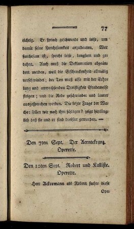 Den 7. Sept. Der Aerntekranz. Operette. Den 10. Sept. Robert und Kalliste. Operette.