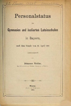 Personalstatus der bayerischen Studienanstalten. 1881