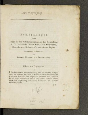 Bemerkungen über einige in der Naturaliensammlung der K. Akademie d. W. befindliche fossile Zähne von Elephanten, Mastodonten, Rhinoceros'n und einem Tapire : vorgelesen am 10. Januar 1818