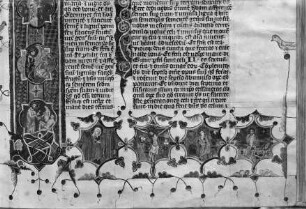 Böhmische Bibel: Randleiste mit Schöpfungsszenen, Kreuzigung und Auferstehung