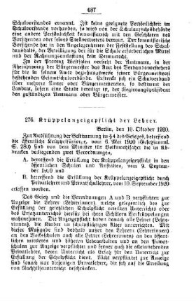 Krüppelanzeigepflicht der Lehrer : [B. Allgemeine Angelegenheiten der Unterrichtsanstalten]