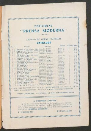 Catálogo : Archivo de obras teatrales. Editorial "Prensa Moderna"