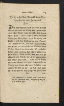 Einzig möglicher Beweis vom Daseyn Gottes von Immanuel Kant*).