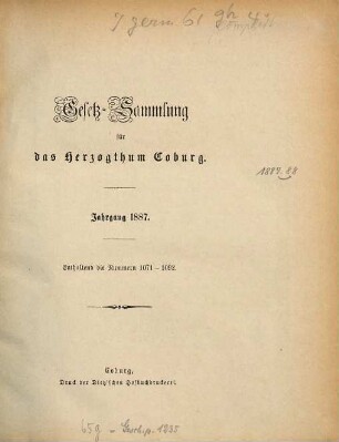 Gesetz-Sammlung für das Herzogtum Coburg. 1887 = Nr. 1071 - 1092