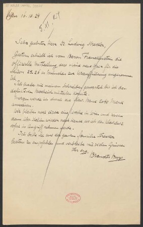 Brief an Ludwig Strecker und B. Schott's Söhne : 16.10.1924