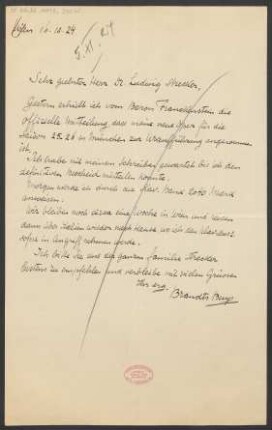Brief an Ludwig Strecker und B. Schott's Söhne : 16.10.1924