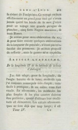 Article quatrieme. De la longitude & de la latitude de la baie d'Antongil