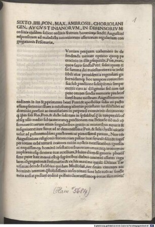 Defensorium ordinis fratrum eremitarum sancti Augustini responsivum ad maledicta canonicorum assertorum regularium congregationis Frisonariae : Mit Widmungsbrief des Autors an Papst Sixtus IV