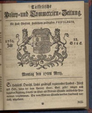 12. Stueck, Montag den 17ten Mertz 1760