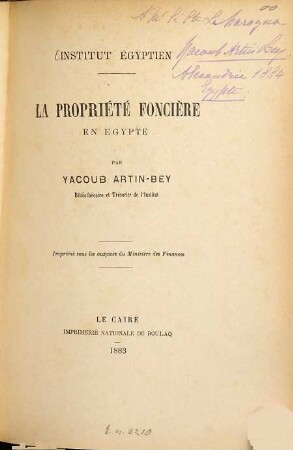 La propriété foucière en Égypte : Iustitut Égyptien