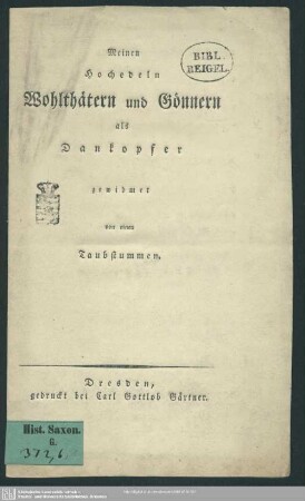 Meinen Hochedlen Wohlthätern und Gönnern als Dankopfer