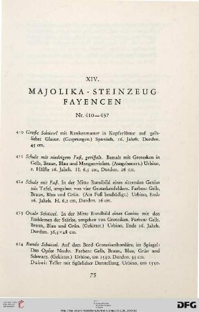 XIV. Majolika, Steinzeug, Fayencen (Nr. 410-437)