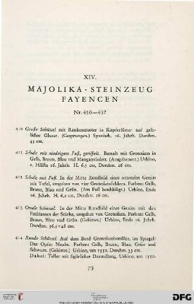 XIV. Majolika, Steinzeug, Fayencen (Nr. 410-437)