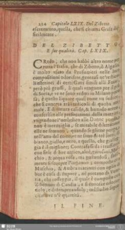Cap. LXIX. Del Zibetto, E sue qualità