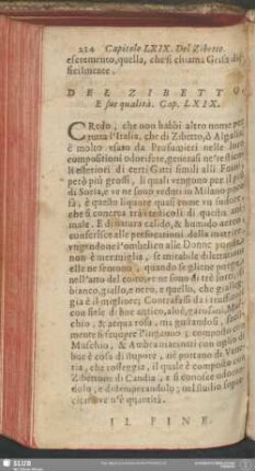 Cap. LXIX. Del Zibetto, E sue qualità